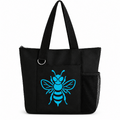 Black reusable tote bag with bright blue bee graphic, long shoulder straps, zipper closure, front pocket, silver D-ring, and side mesh pocket.
