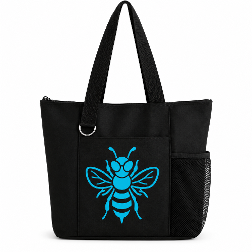 Black reusable tote bag with bright blue bee graphic, long shoulder straps, zipper closure, front pocket, silver D-ring, and side mesh pocket.
