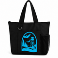 Black reusable tote bag with blue moon, bat, pine tree and lookout tower graphic, long handles, zipper closure, front pocket, and side mesh pocket.