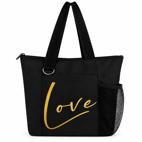 Black tote bag with gold Love words, zipper, long straps, front pocket, and side mesh pocket