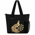 Black tote bag with gold peacock art, zipper, long shoulder straps, and side mesh pocket