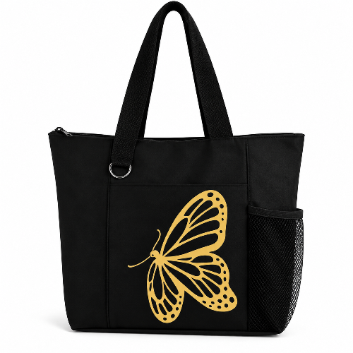 Black reusable tote bag with elegant gold butterfly design, long handles, zipper closure, front pocket, and side mesh pocket.