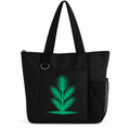 Black reusable tote bag with green botanical leaf design, long shoulder straps, front pocket, zipper closure, and side mesh pocket.