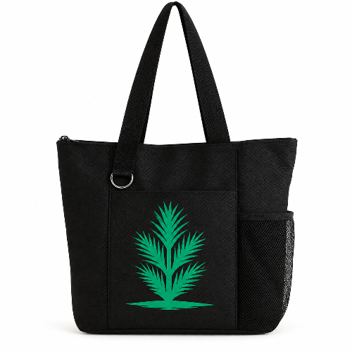 Black reusable tote bag with green botanical leaf design, long shoulder straps, front pocket, zipper closure, and side mesh pocket.