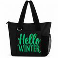 Black Hello Winter tote bag with green words, zipper, long straps, front pocket, and side mesh pocket