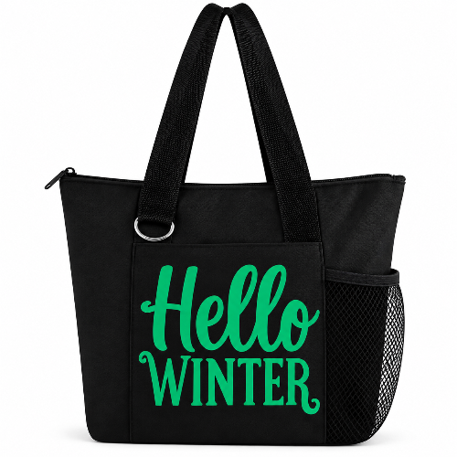 Black Hello Winter tote bag with green words, zipper, long straps, front pocket, and side mesh pocket