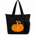 Black reusable tote bag with large orange pumpkin graphic, long shoulder straps, zipper closure, front pocket, silver D-ring, and side mesh pocket.