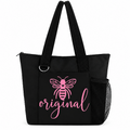 Black Bee Original tote bag with pink bee graphic, inspirational script, shoulder straps and side mesh pocket