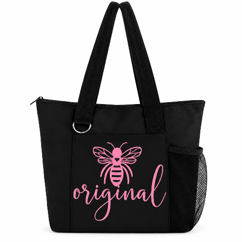 Black Bee Original tote bag with pink bee graphic, inspirational script, shoulder straps and side mesh pocket