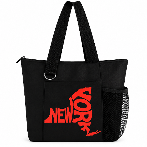 Black New York tote bag with red NY state design, zipper, long straps, and side mesh pocket