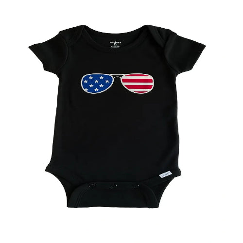Black baby bodysuit featuring a patriotic USA sunglasses graphic in red white and blue for infants and toddlers.
