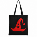 Black cotton tote bag with red witch hat graphic on white background
