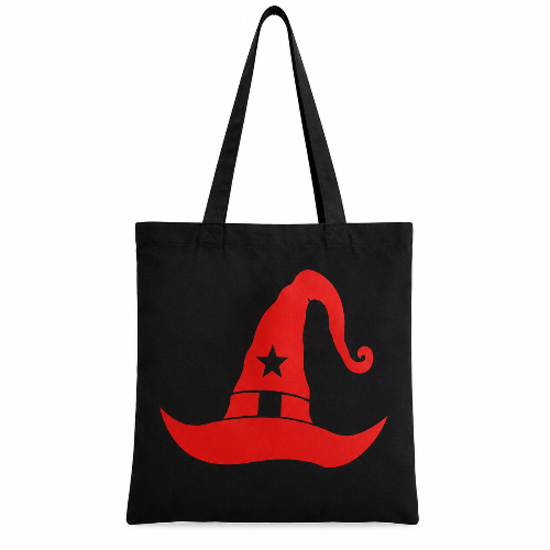 Black cotton tote bag with red witch hat graphic on white background
