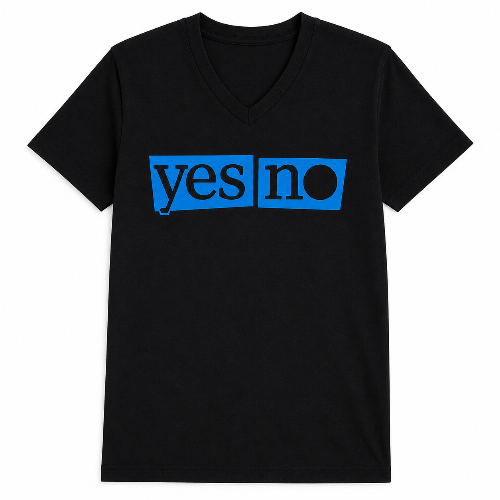 A black short-sleeve V-neck t-shirt with a blue graphic on the chest reading 'yes | no' inside two blocks, shown on a plain white background.