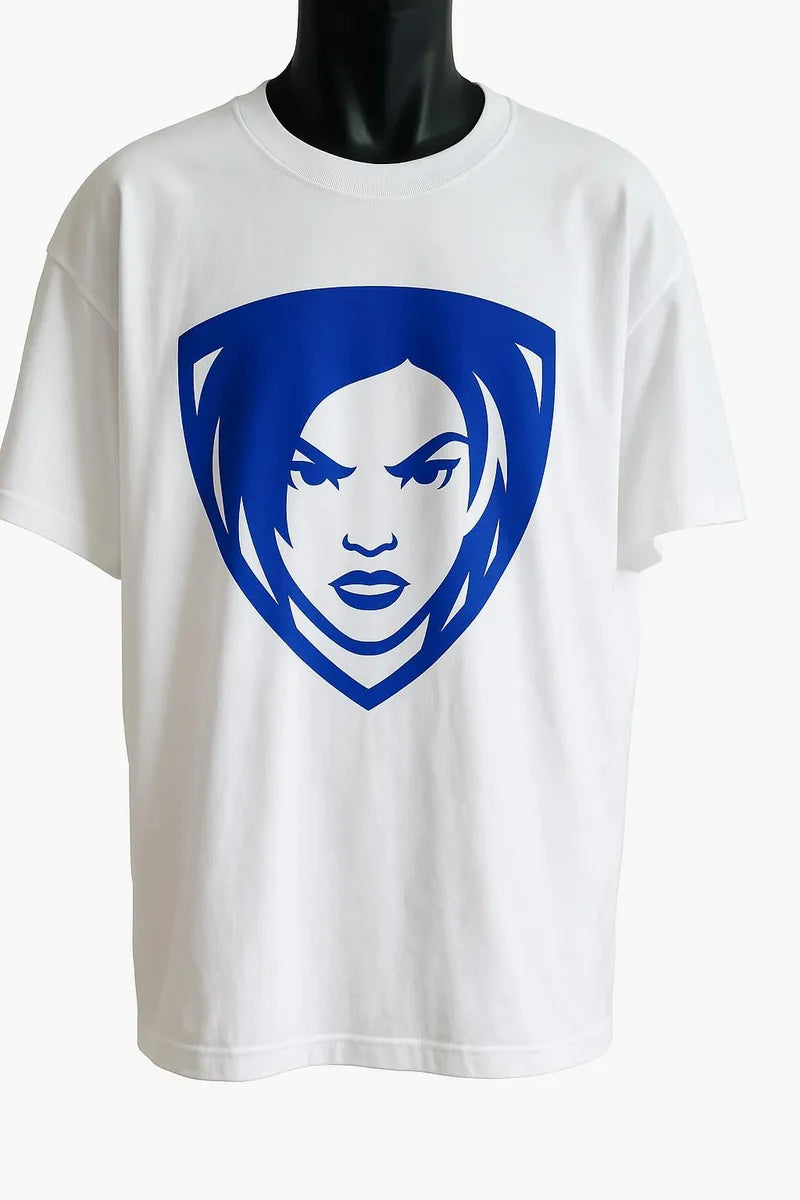 White graphic T-shirt featuring a bold blue illustrated face portrait design. Modern artistic unisex streetwear tee with minimalist urban fashion style.
