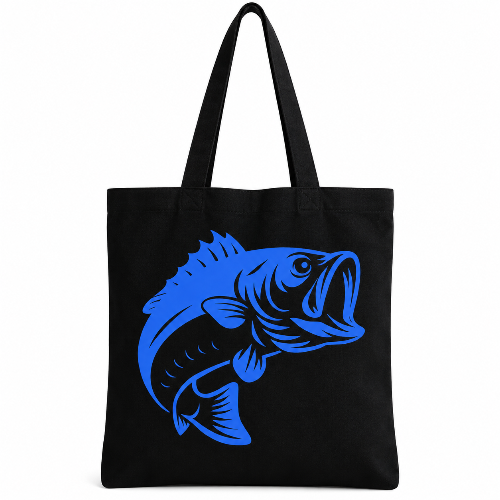 Black cotton tote bag featuring a bold blue fish graphic on the front.