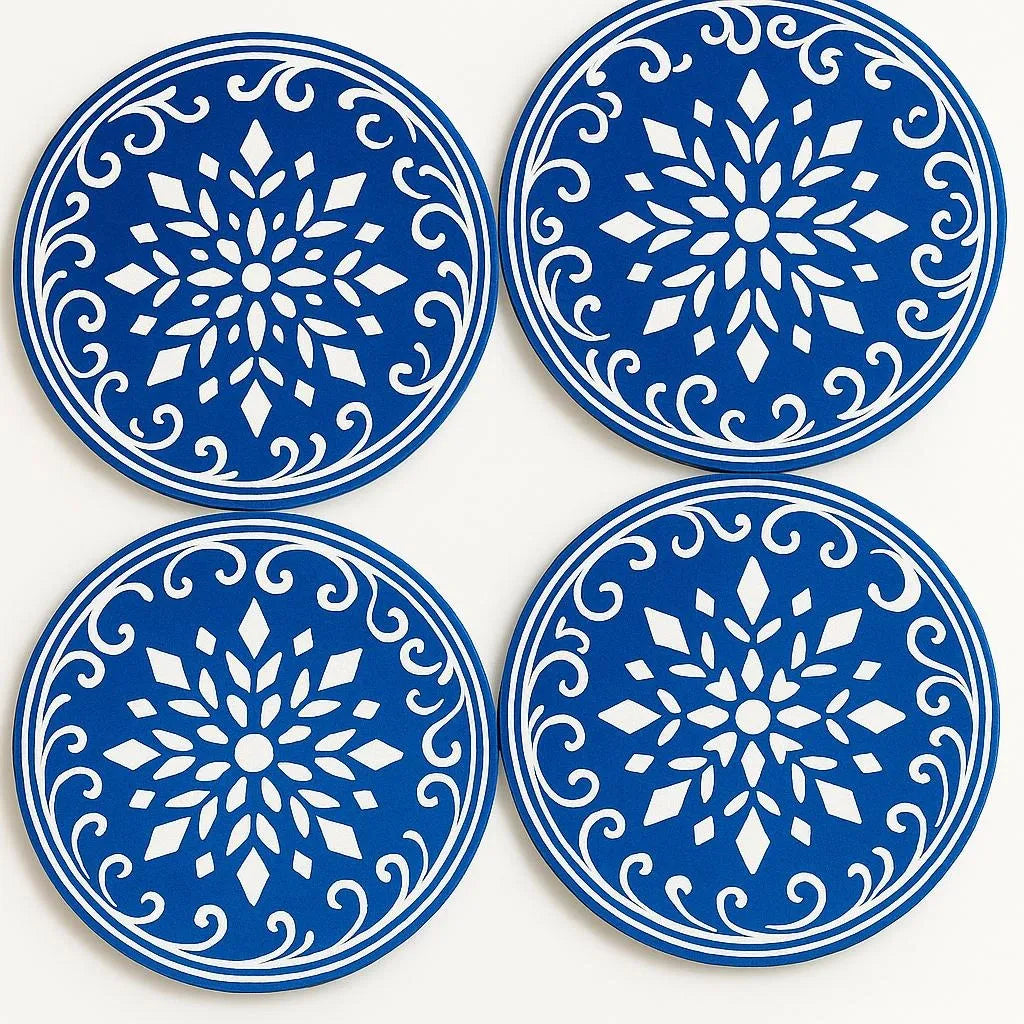 Blue floral pattern coaster set with elegant white decorative design, round drink coasters for table decor, kitchen decor, and modern home styling by LB AND SK DESIGN SHOP