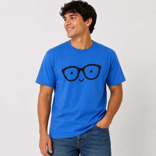 Male model wearing a bright blue graphic T-shirt with a playful black eyeglasses and smiling face design, styled with blue jeans.