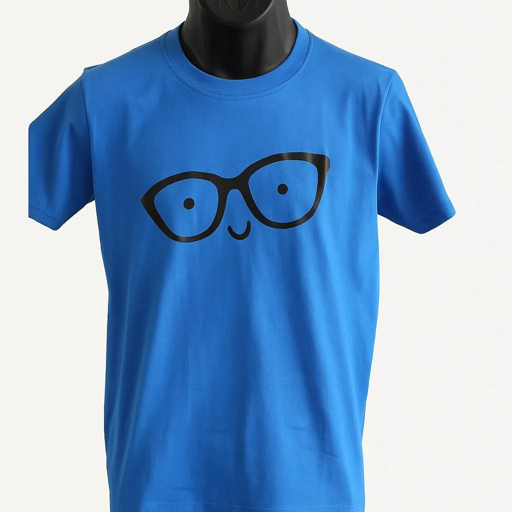 Bright blue graphic t-shirt featuring a playful black eyeglasses design on the front, casual unisex short sleeve tee.