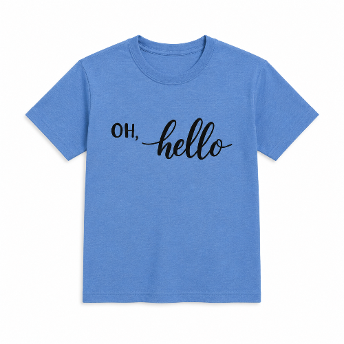 A heather blue short-sleeve t-shirt with the words 'OH, hello' printed across the chest in black script and sans-serif fonts, displayed on a clean white background.