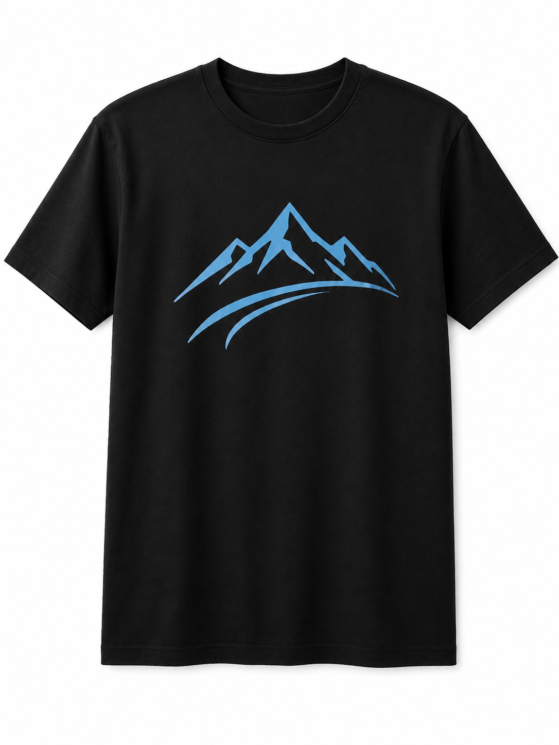 Black Sport-Tek Performance Shirt with a blue mountain graphic, moisture-wicking fabric, lightweight athletic fit, crew neck, and short sleeves for training and outdoor activities.