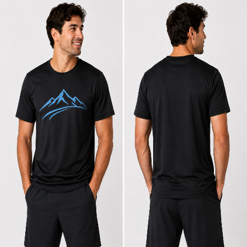 A man modeling a black short-sleeve athletic T-shirt shown from both front and back views against a light gray studio background. The front features a blue mountain line graphic across the chest.