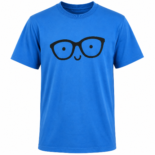 A bright blue short-sleeve crewneck t-shirt featuring a black cartoon glasses graphic printed on the chest, displayed against a solid white background.
