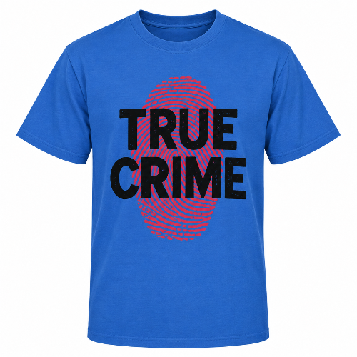 Blue True Crime graphic T-shirt with black text and red fingerprint design.