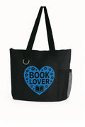 Black tote bag featuring a blue Book Lover graphic design on the front. Lightweight reusable shoulder tote with long handles for comfortable carrying. Perfect for library visits, bookstores, school, work, reading clubs, travel, and everyday use. Stylish book-themed tote bag designed for readers who love carrying books and daily essentials. Ideal for book lovers, students, teachers, librarians, writers, and avid readers.