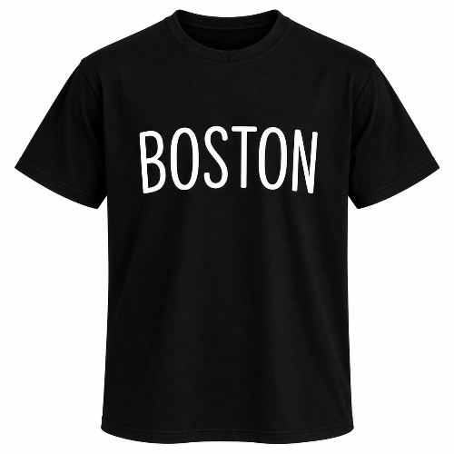 Black Boston graphic T-shirt with large white Boston lettering across the front.