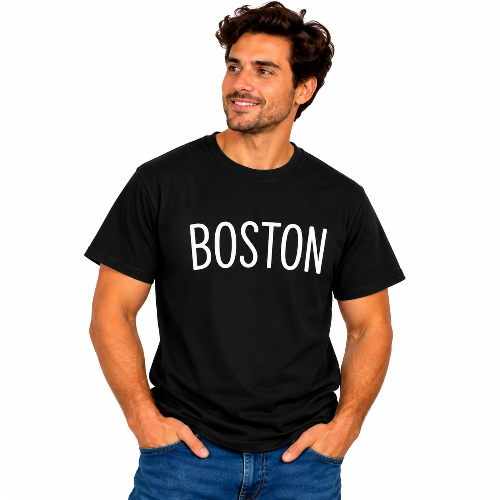 Man wearing a black Boston graphic T-shirt with large white Boston lettering.