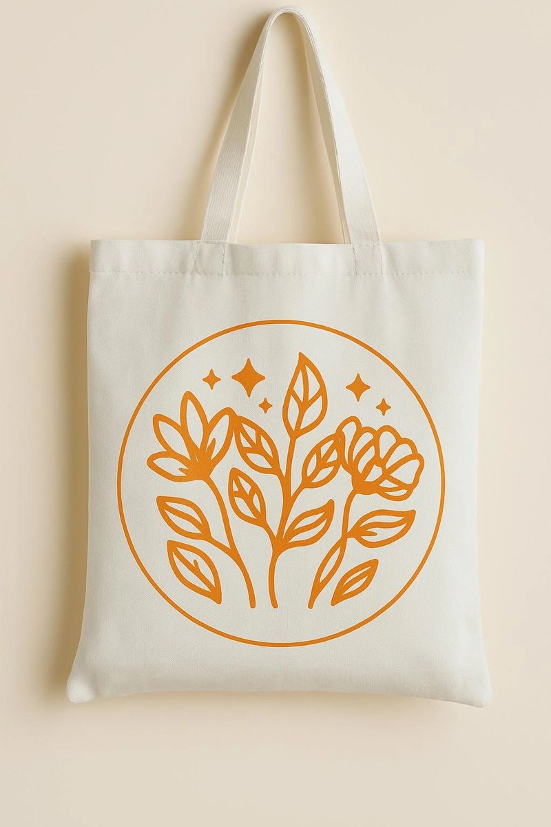 Minimalist botanical floral line art tote bag with warm earthy orange plant design on reusable canvas shopping bag for everyday use, books, errands, and eco-friendly style.