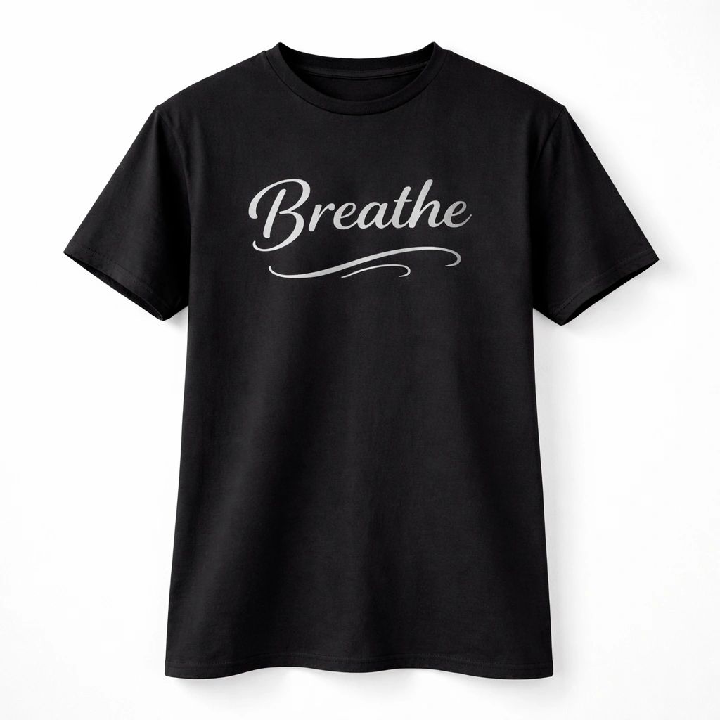 Black unisex graphic T shirt featuring the word Breathe in elegant white script lettering with a clean minimalist typography design.