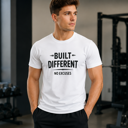 White Built Different Graphic T-shirt featuring the motivational phrase No Excuses in bold black typography. Premium unisex fitness and gym T-shirt.