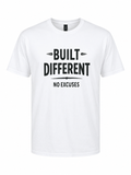 White Built Different graphic T-shirt featuring the motivational phrase No Excuses in bold black typography. Premium unisex fitness and gym T-shirt.