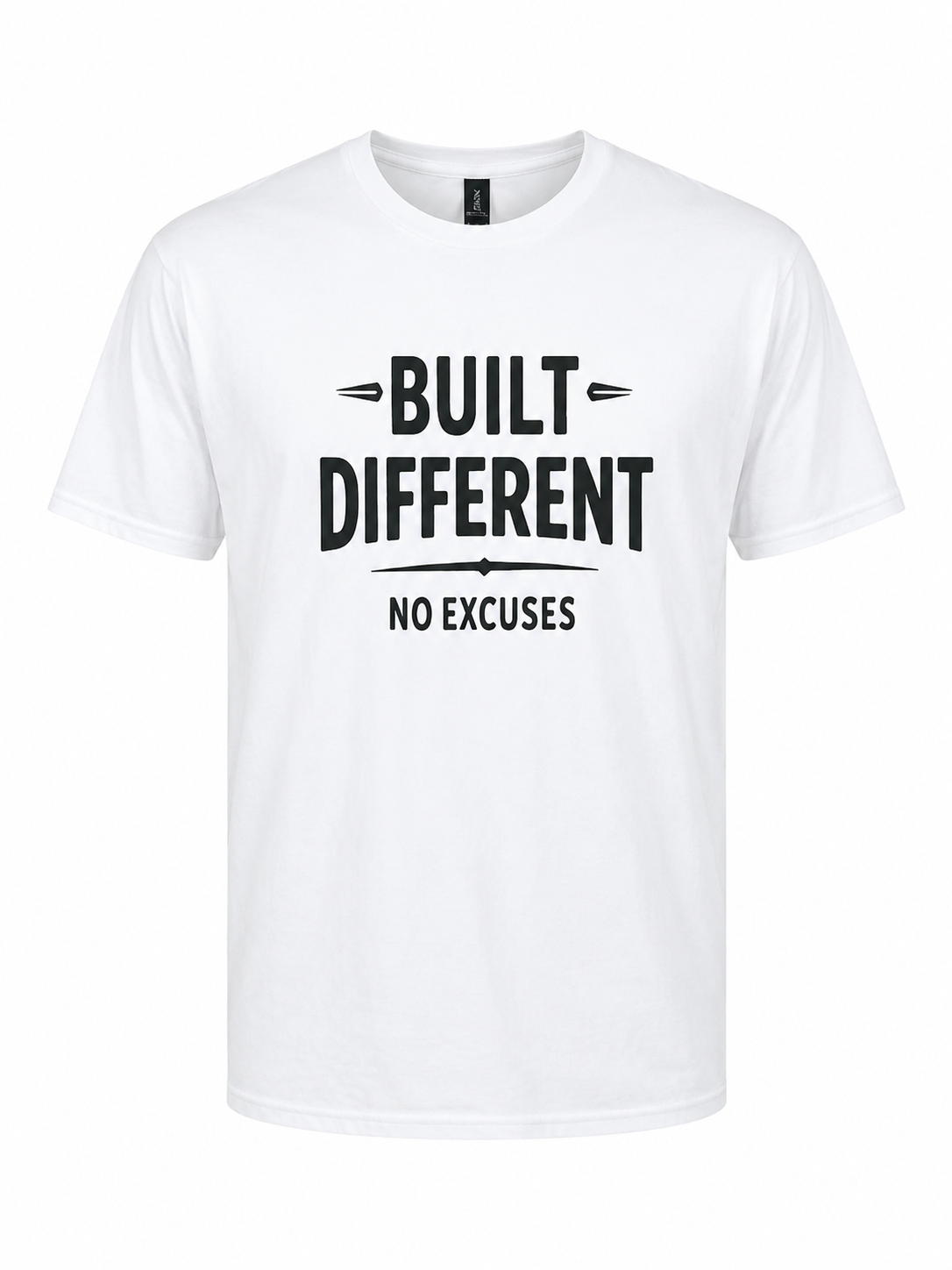 White Built Different graphic T-shirt featuring the motivational phrase No Excuses in bold black typography. Premium unisex fitness and gym T-shirt.