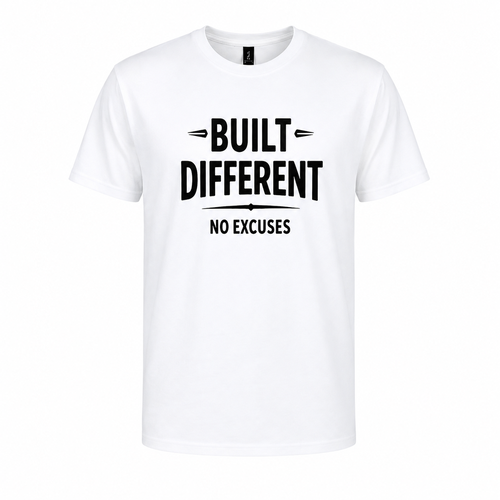White Built Different graphic T-shirt featuring the motivational phrase No Excuses in bold black typography. Premium unisex fitness and gym T-shirt.