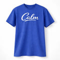 Blue unisex graphic T shirt featuring the word "Calm" in elegant white script typography. Soft cotton casual tee with a minimalist design for everyday comfort and relaxed style.