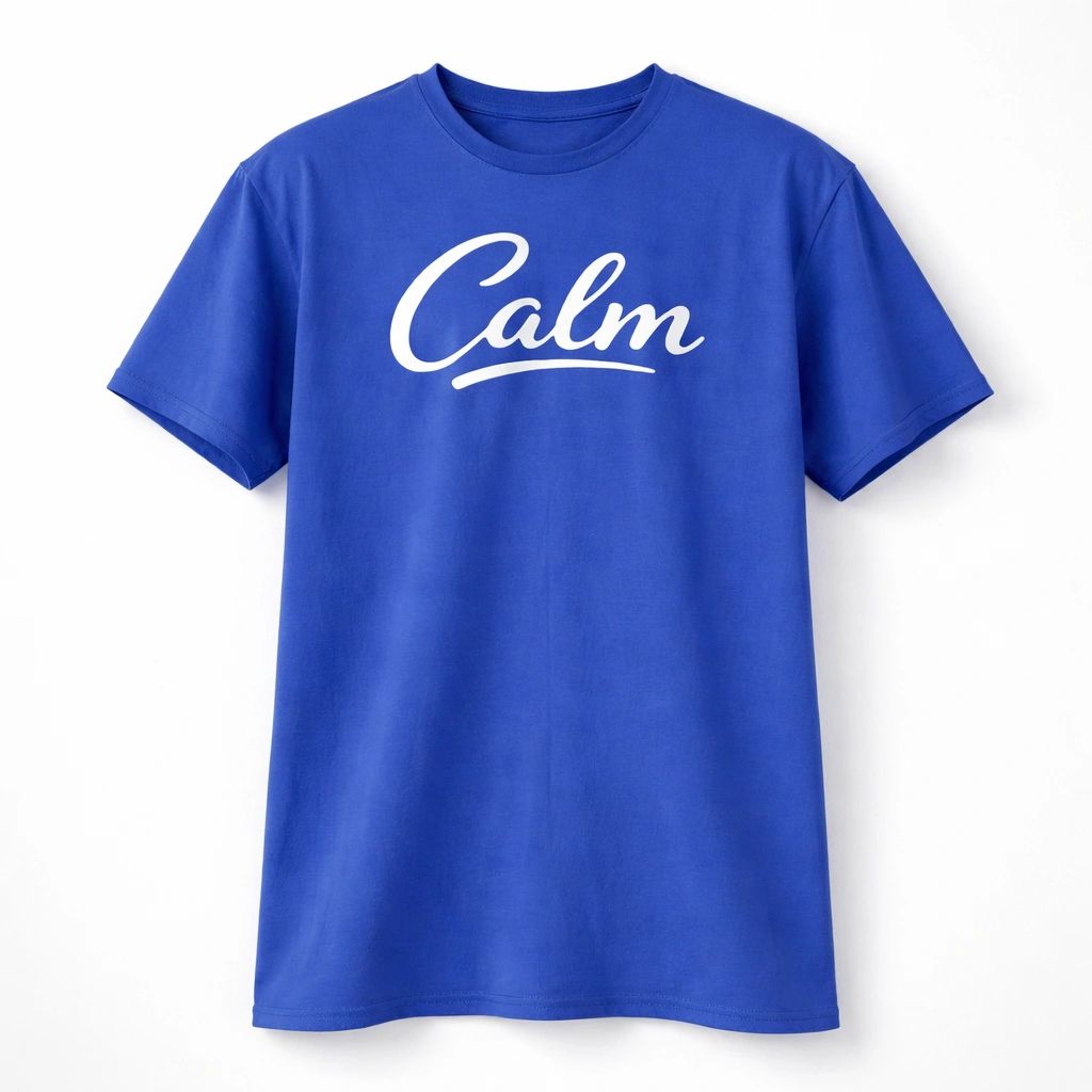 Blue unisex graphic T shirt featuring the word "Calm" in elegant white script typography. Soft cotton casual tee with a minimalist design for everyday comfort and relaxed style.