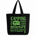 Black cotton tote bag with green camping adventure design featuring a camper and outdoor-themed words on a white background.