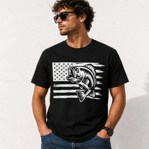 A man wearing a black crewneck t-shirt with a white distressed American flag graphic and a jumping bass fish design, set against a light textured wall.