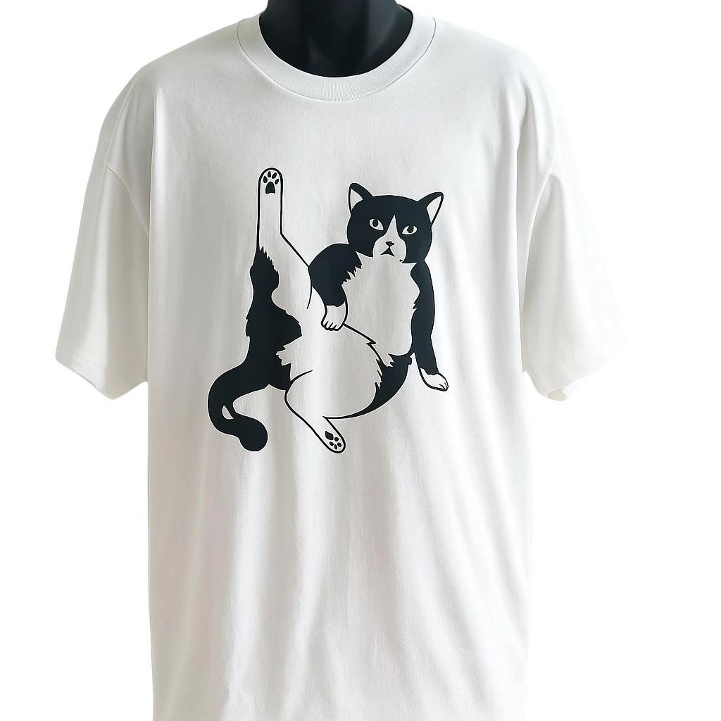 White unisex graphic T shirt featuring playful black cat illustrations in a fun minimalist design. Soft cotton tee for cat lovers, pet owners, and everyday casual wear.