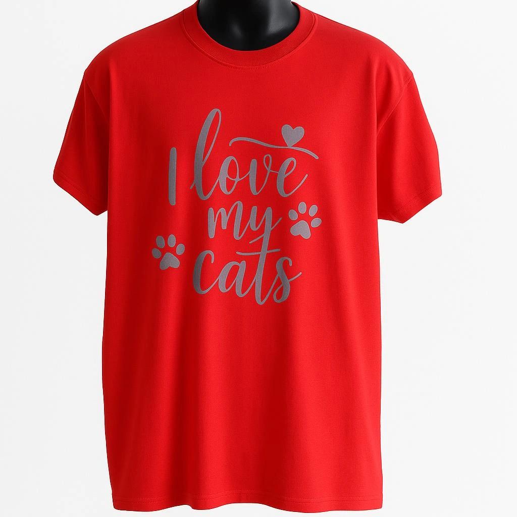 Red unisex graphic T shirt featuring the phrase "Love My Cats" in decorative typography with paw prints. Soft cotton casual tee for cat lovers, cat moms, cat dads, and pet enthusiasts.