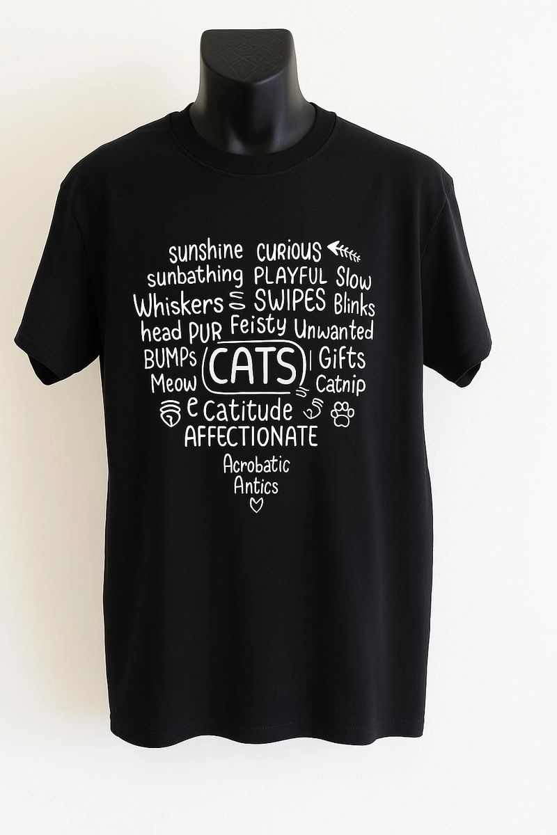 Black unisex graphic T shirt featuring a heart made from cat themed words in white typography. Soft cotton tee for cat lovers, cat moms, cat dads, and pet enthusiasts.