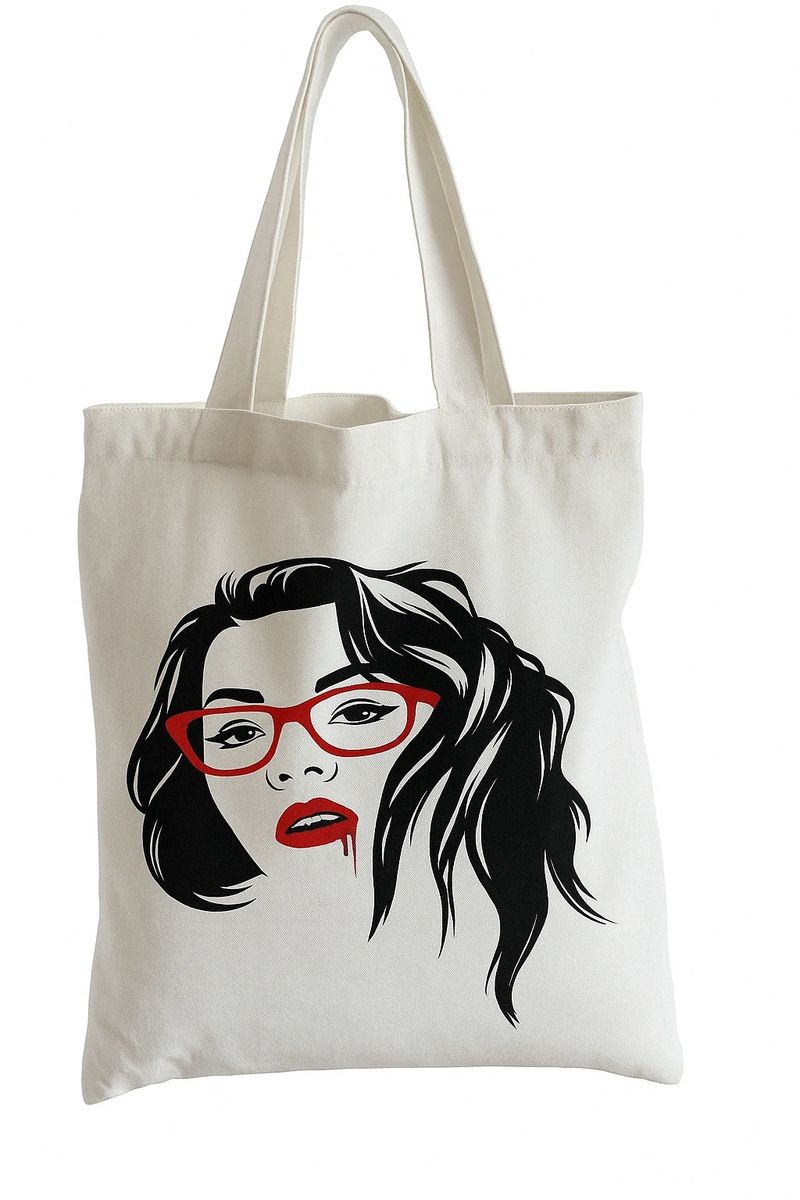 White chic fashion portrait tote bag featuring a stylish woman illustration with red glasses and red lipstick. Lightweight reusable tote perfect for shopping, school, errands, fashion lovers, art enthusiasts, and everyday carry use.
