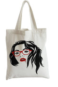 Chic fashion portrait tote bag featuring a stylish woman illustration with red glasses, black hair, and red lipstick on a reusable canvas shopping bag.