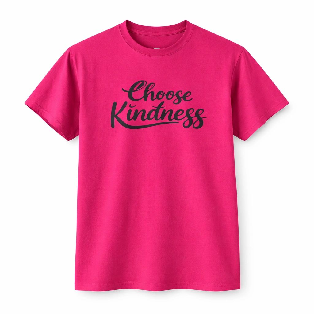 Pink unisex graphic T shirt with Choose Kindness printed in elegant black script lettering on the front. Soft casual inspirational everyday tee.