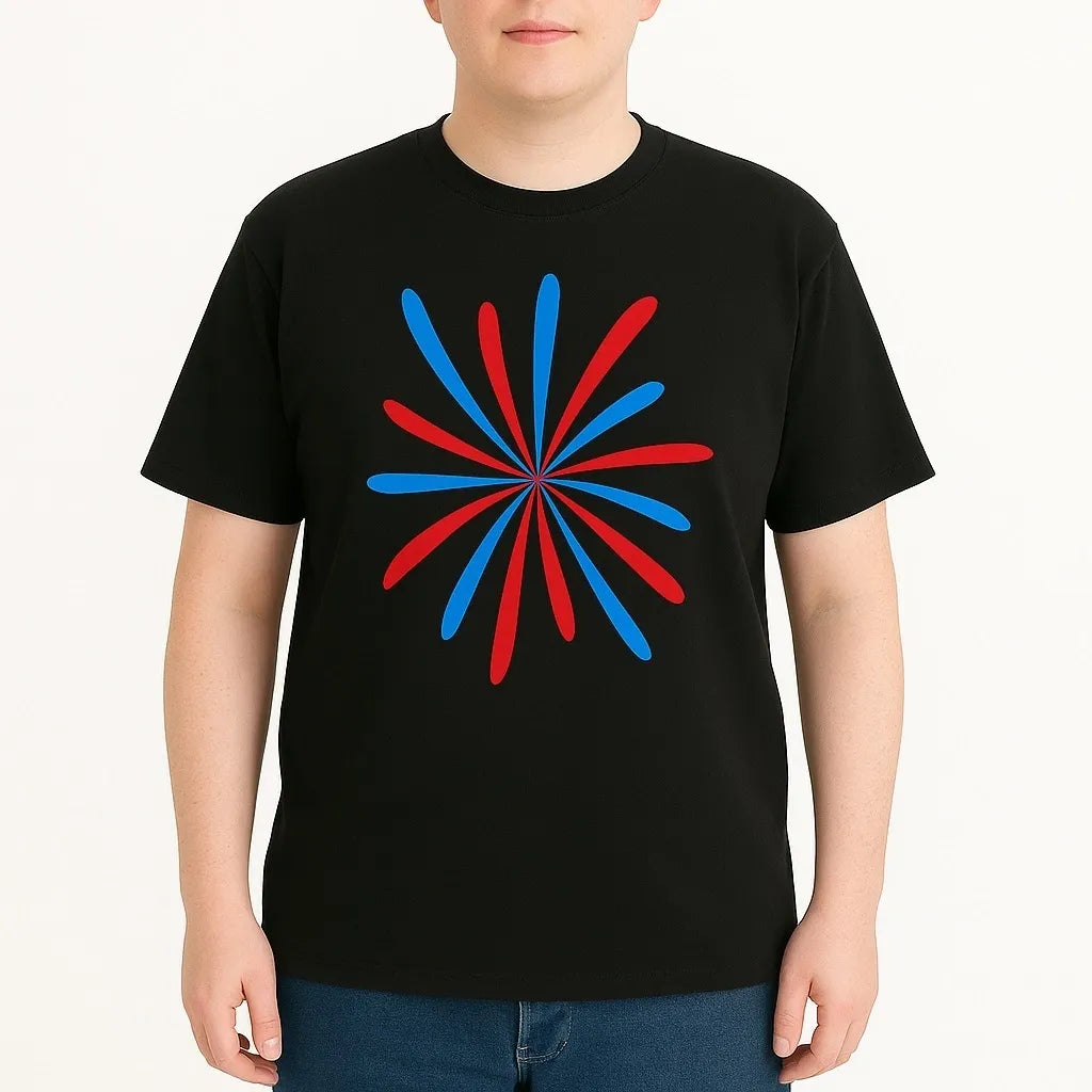 Black short sleeve graphic t-shirt with colorful burst abstract design, modern unisex streetwear tee for casual everyday fashion by LB AND SK DESIGN SHOP