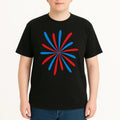 Black graphic short sleeve t shirt featuring a vibrant red and blue abstract starburst design for modern casual everyday wear.