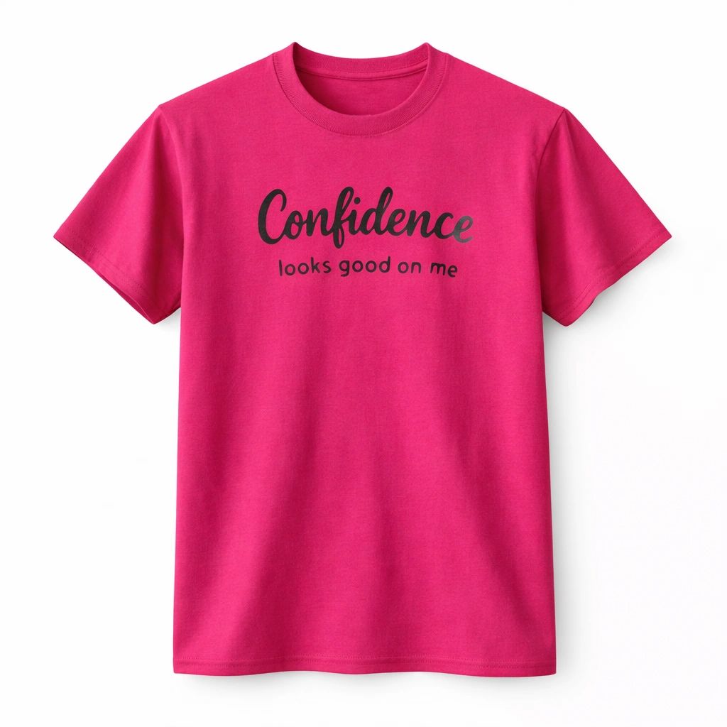 Pink unisex graphic T shirt featuring the phrase Confidence Looks Good on Me in elegant script lettering with a motivational self-confidence design.